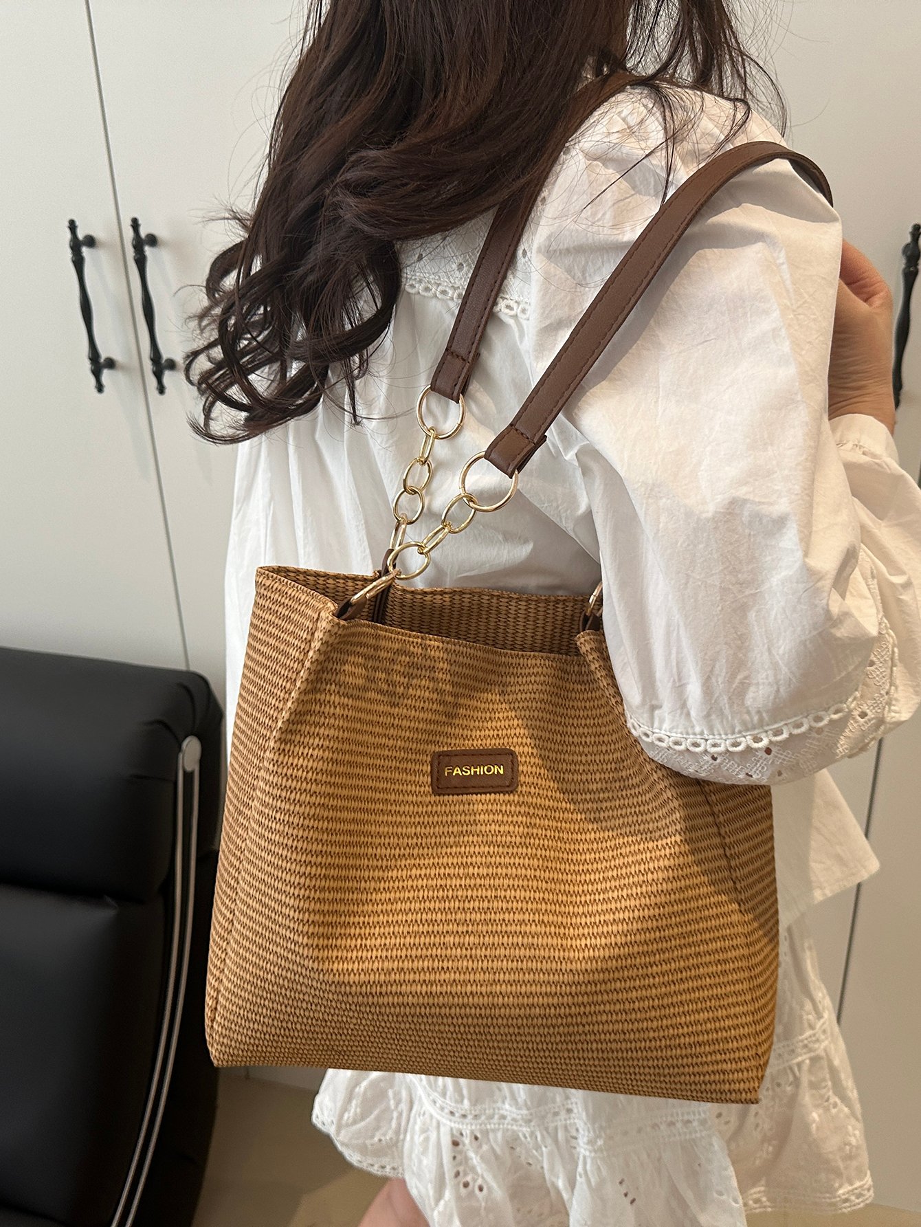 Textured Shoulder Bag with Chain Detail