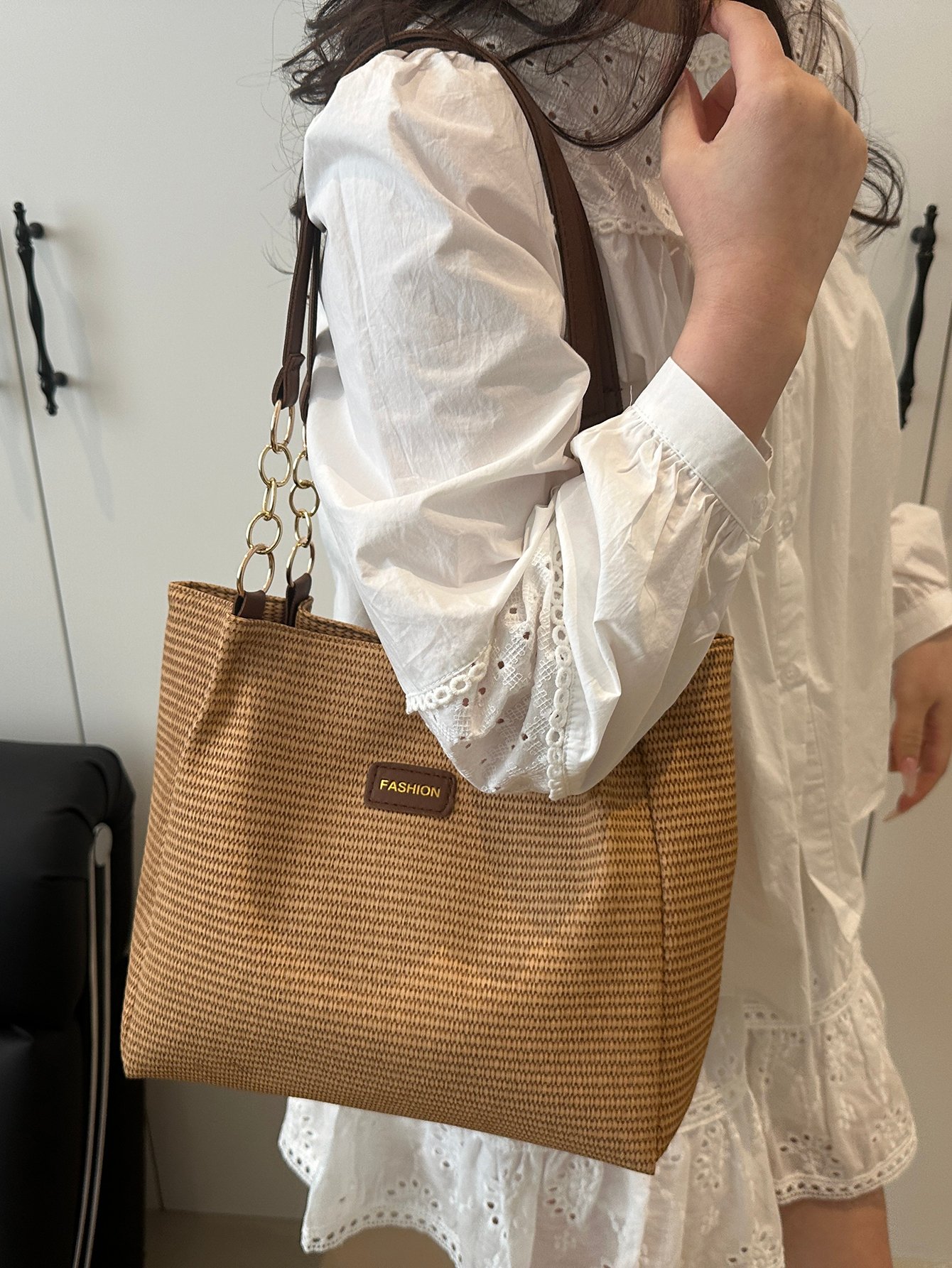 Textured Shoulder Bag with Chain Detail