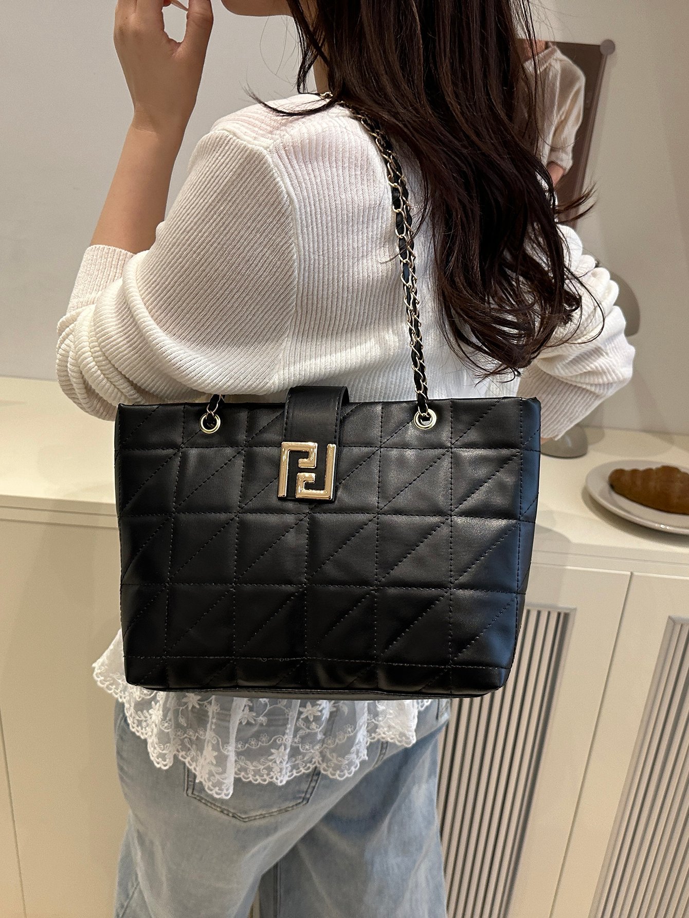 Quilted Shoulder Bag with Metal Flap