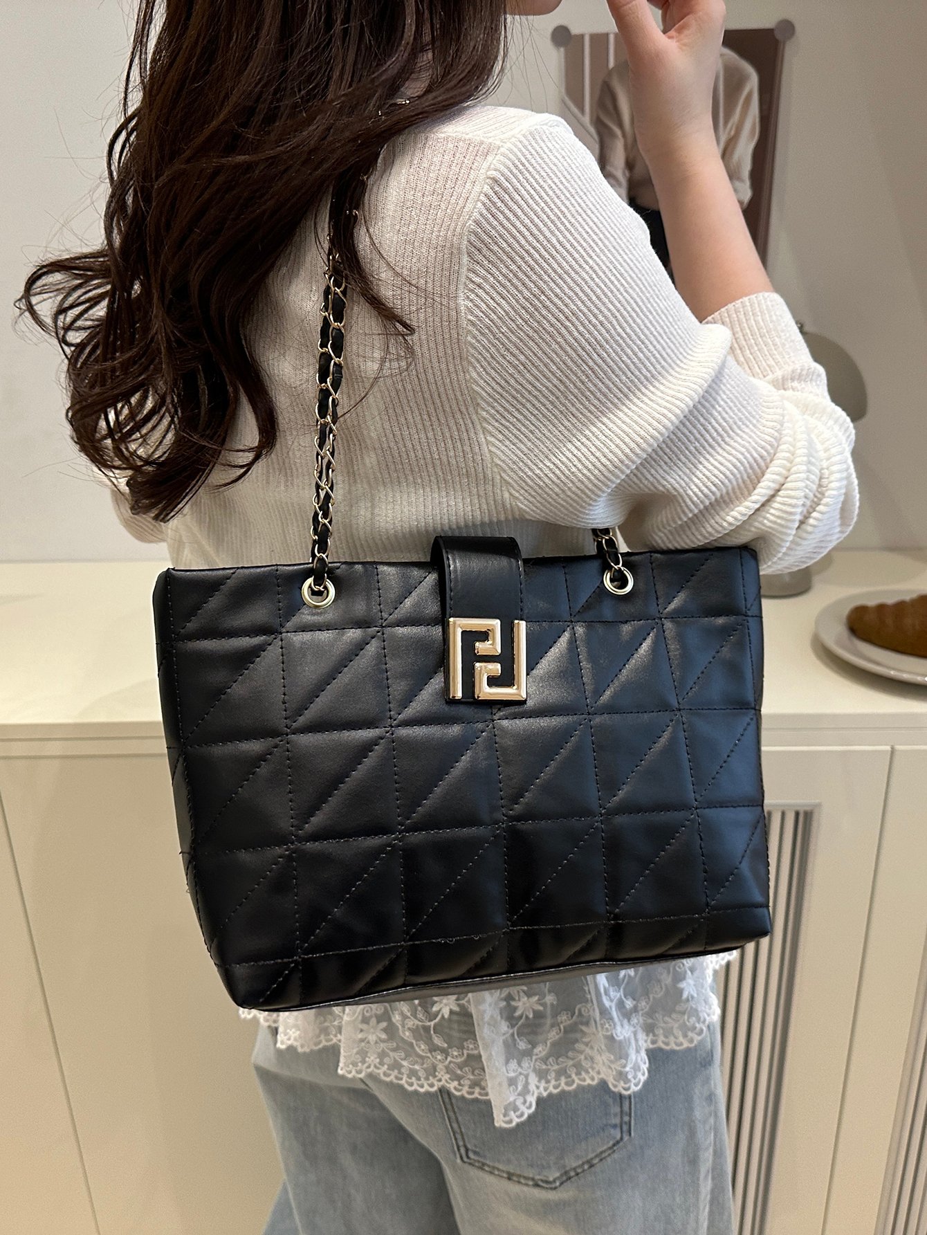 Quilted Shoulder Bag with Metal Flap