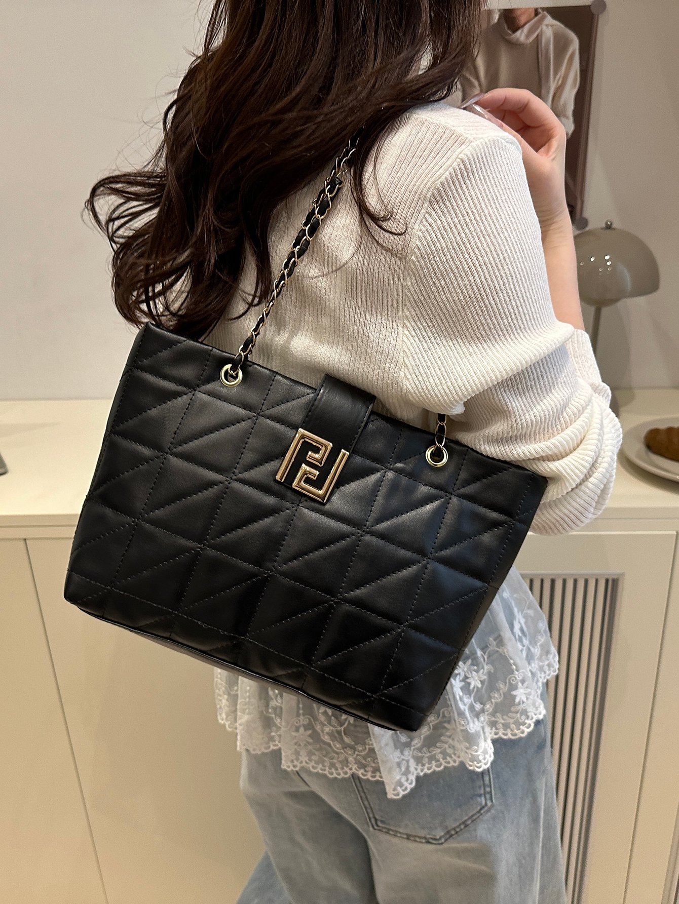 Quilted Shoulder Bag with Metal Flap
