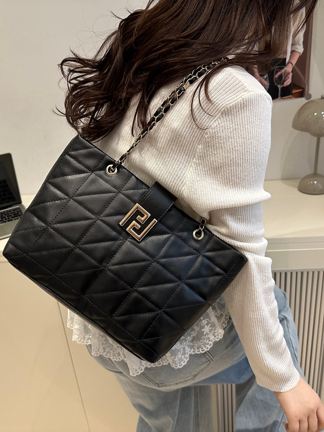 Quilted Shoulder Bag with Metal Flap