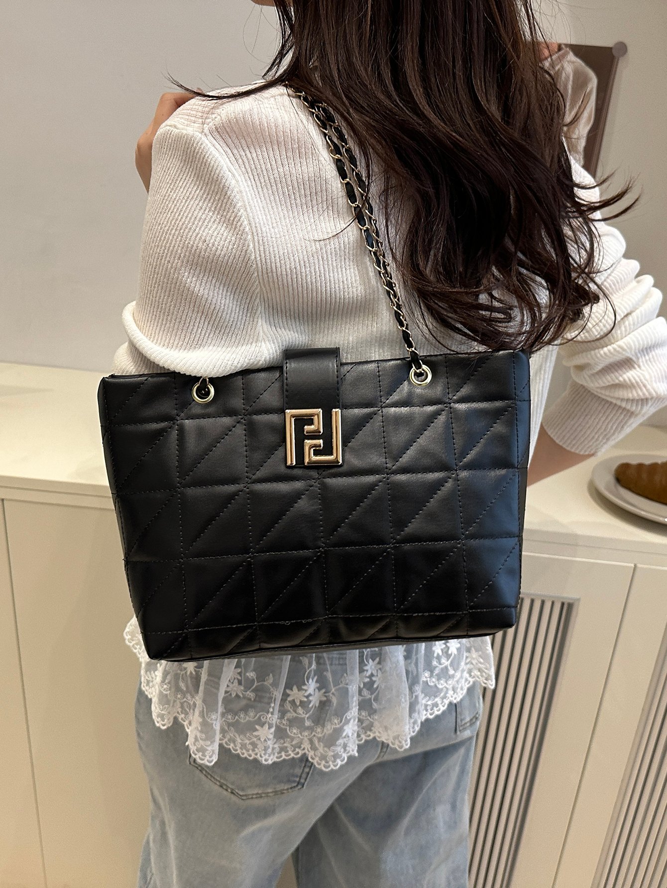 Quilted Shoulder Bag with Metal Flap