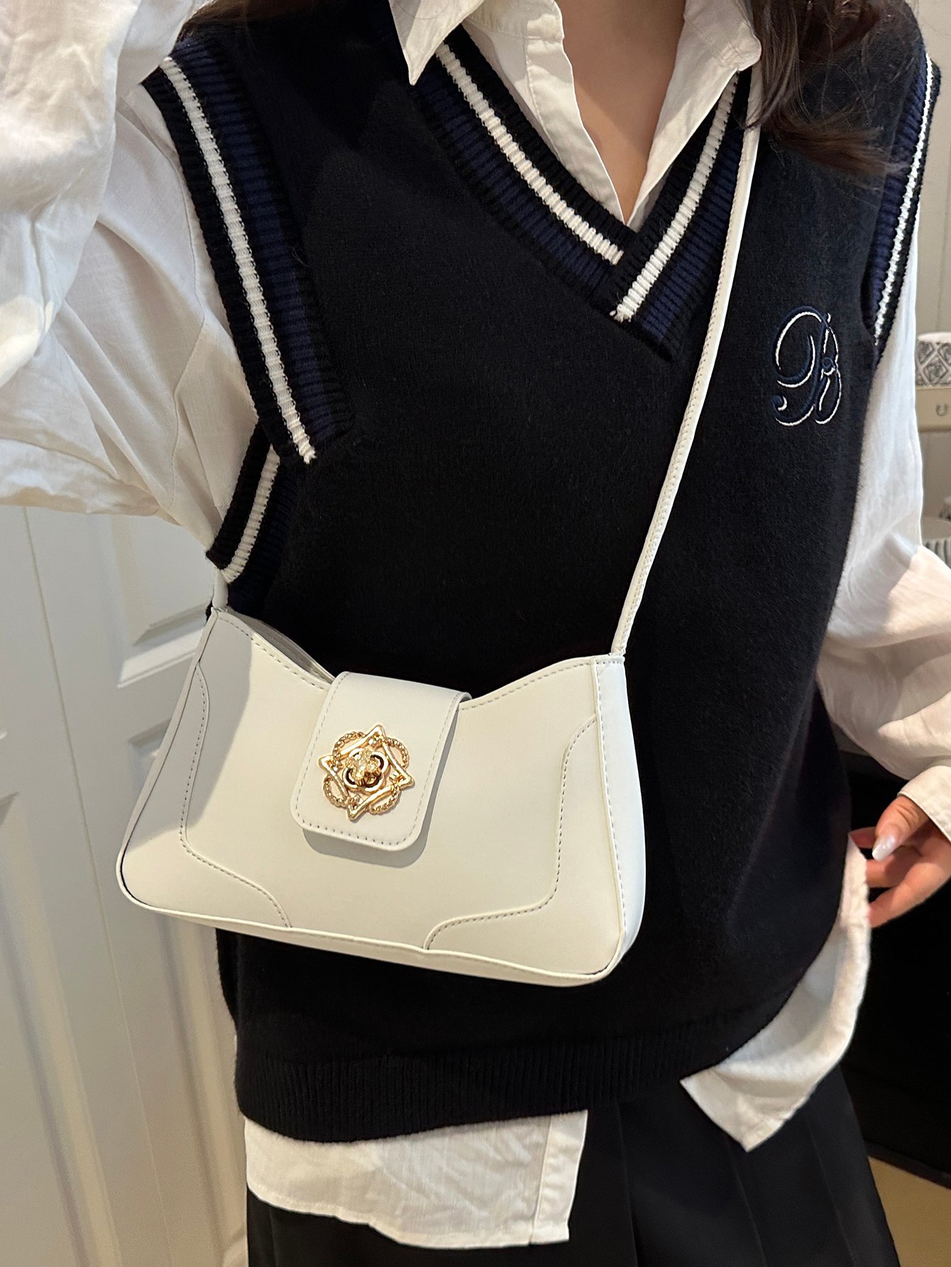 Metal Decor Flap Shoulder Bag