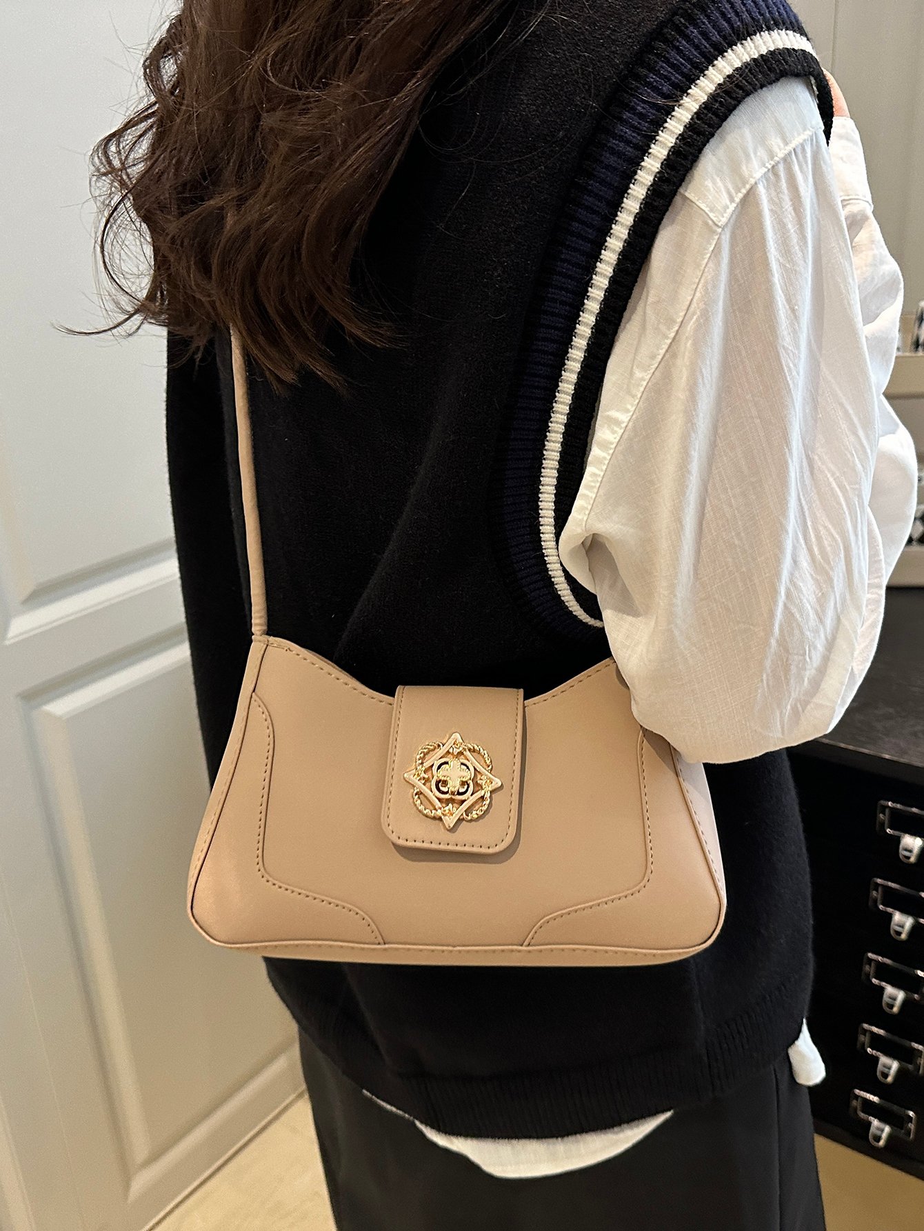 Khaki Shoulder Bag with Gold Clasp