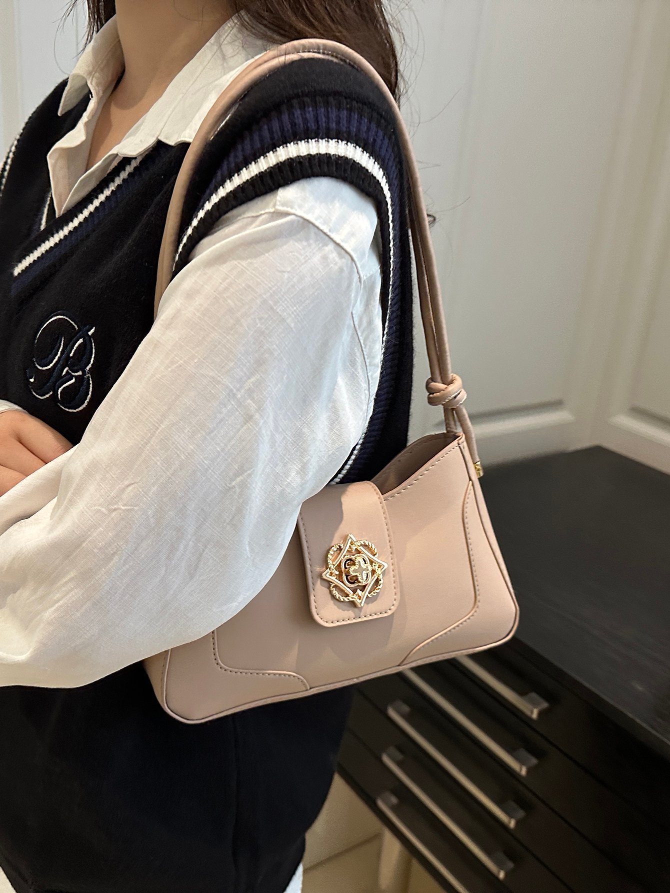 Khaki Shoulder Bag with Gold Clasp