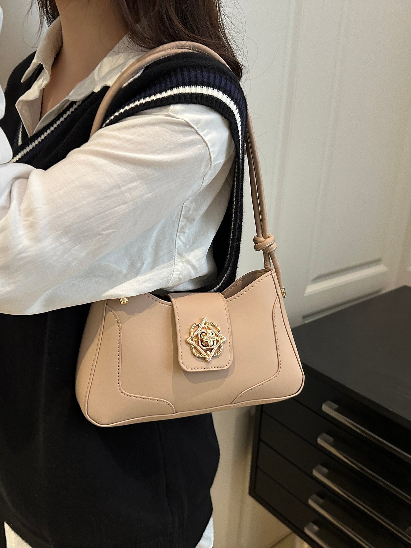 Khaki Shoulder Bag with Gold Clasp