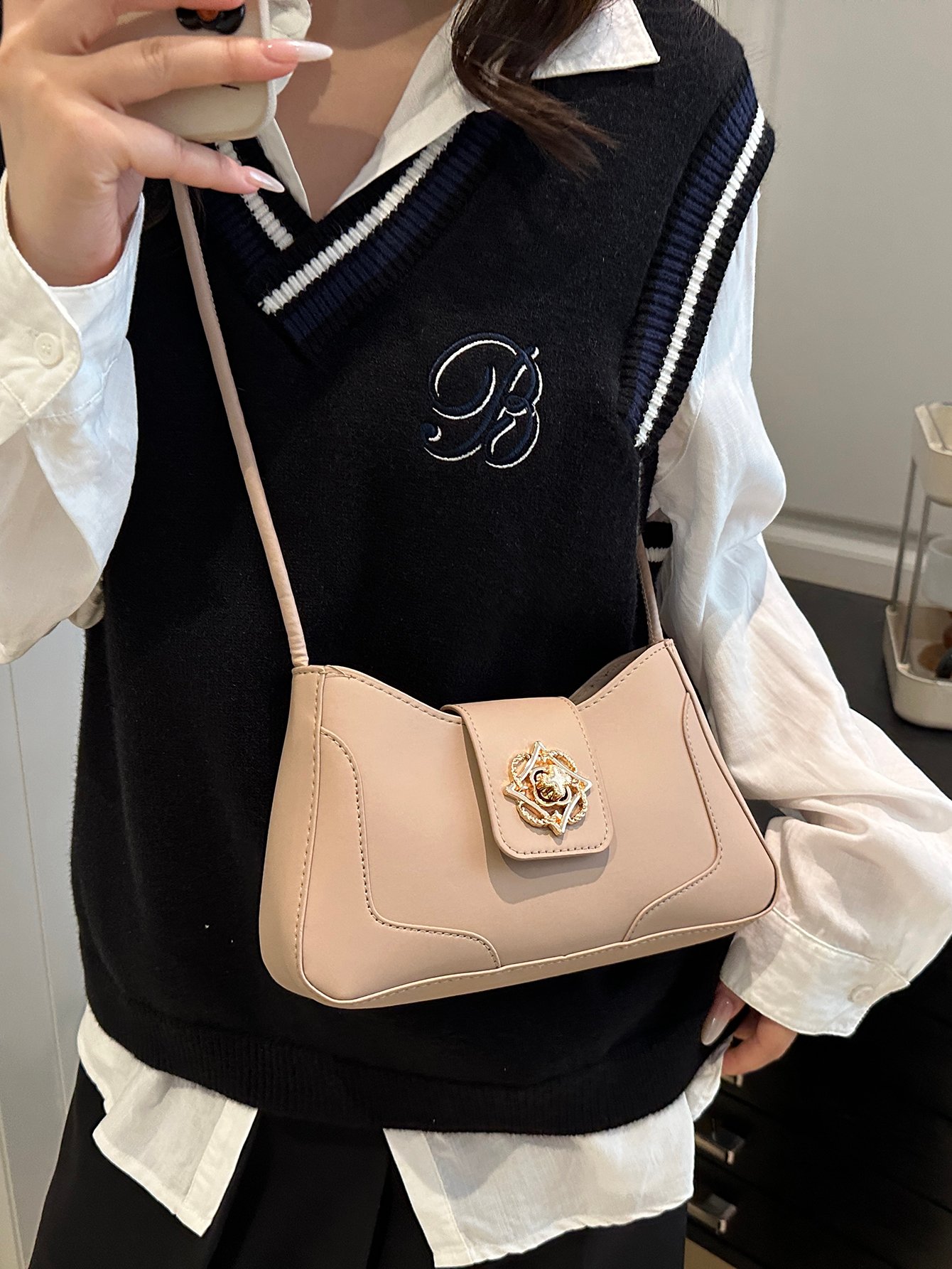 Khaki Shoulder Bag with Gold Clasp
