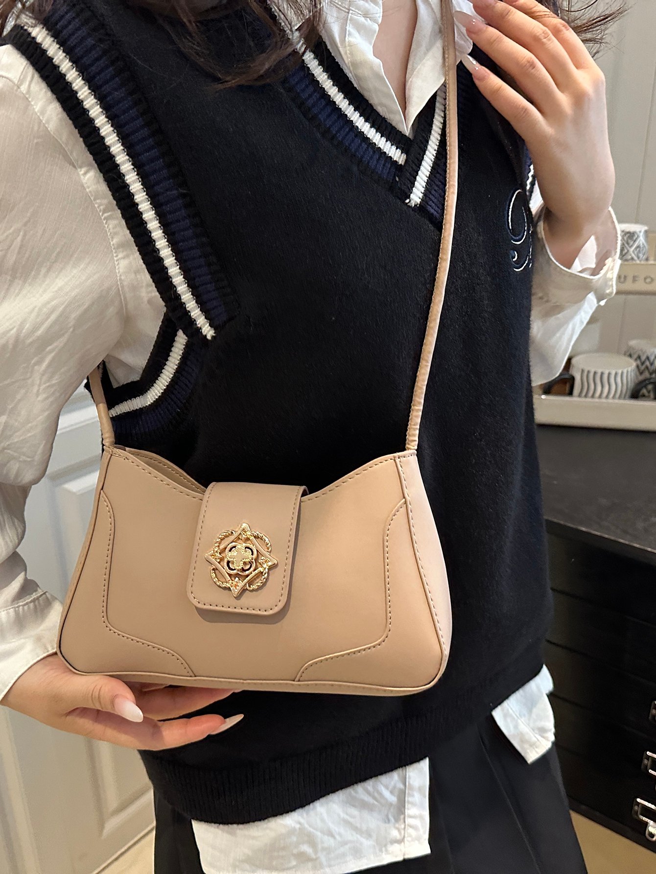 Khaki Shoulder Bag with Gold Clasp