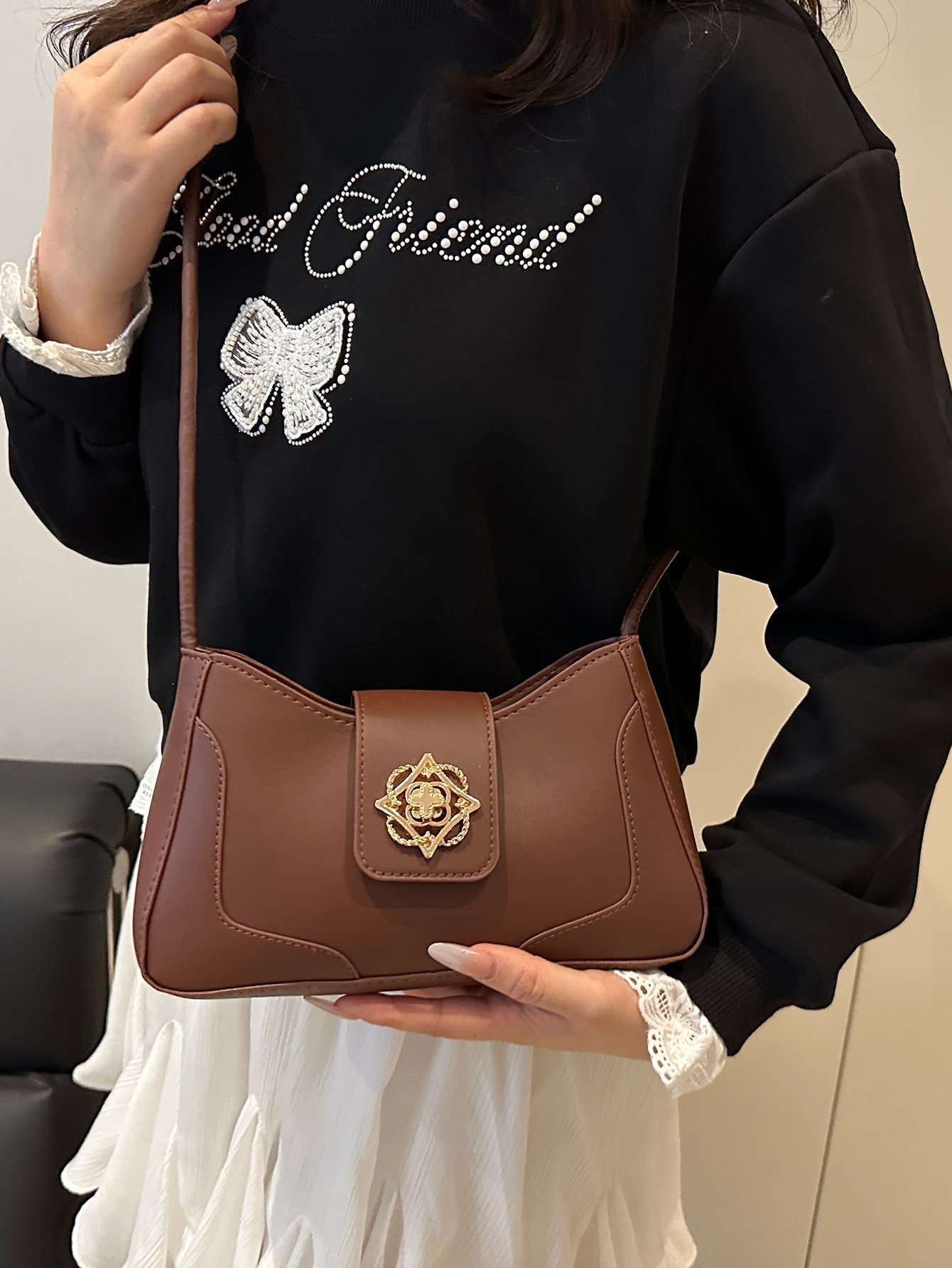Metal Decor Flap Shoulder Bag
