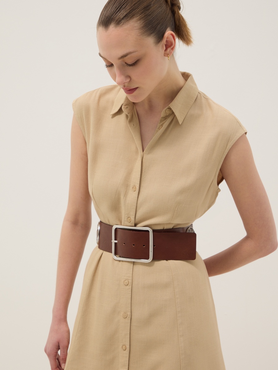 Beige Viscose Linen Blend Solid Knee Length Dress