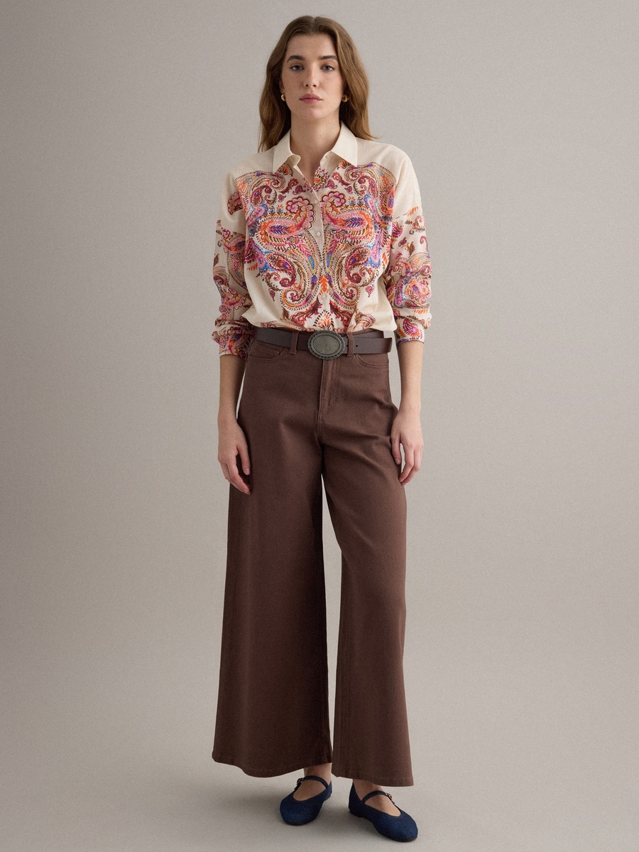 Cream Long Sleeve Paisley Print Shirt