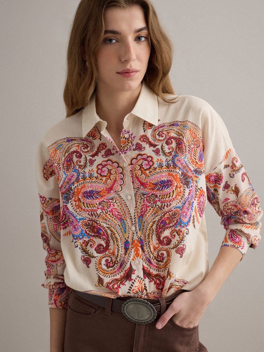 Cream Long Sleeve Paisley Print Shirt