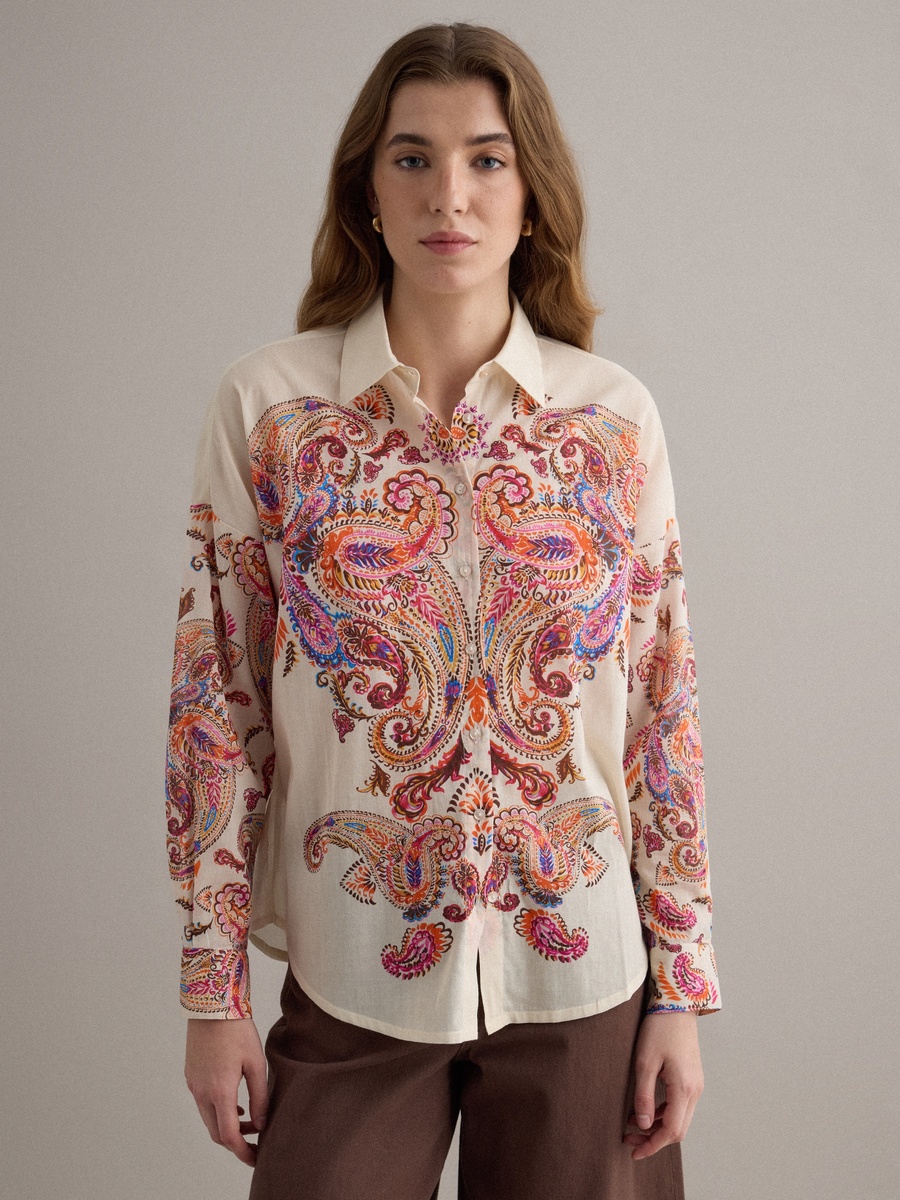 Cream Long Sleeve Paisley Print Shirt