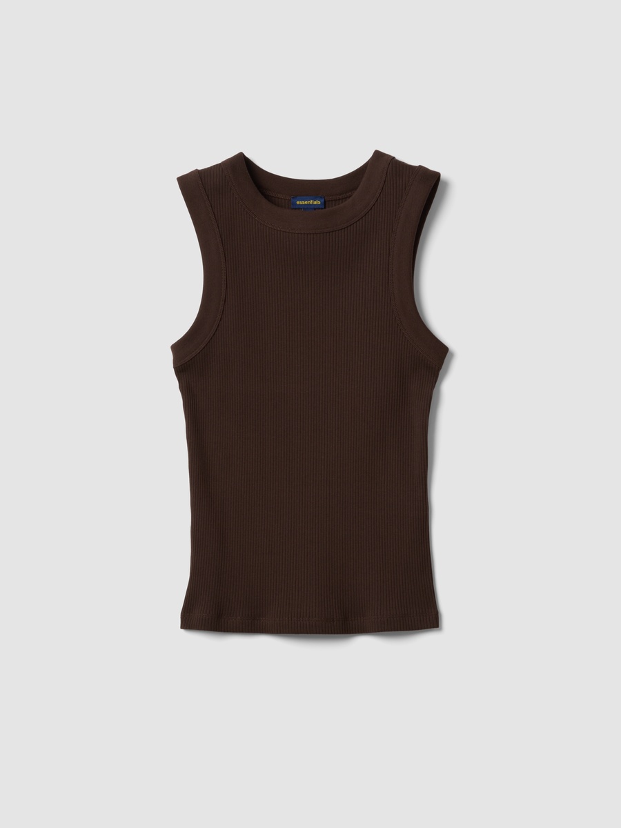 Brown Fitted Ribbed Stretch Cotton Tank Top