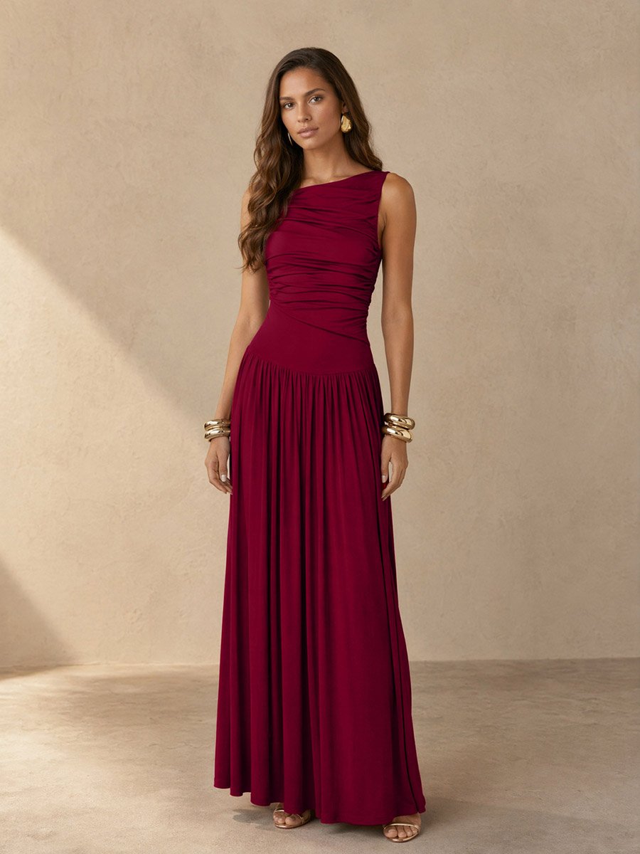 Red Ruched A-Line Maxi Dresss