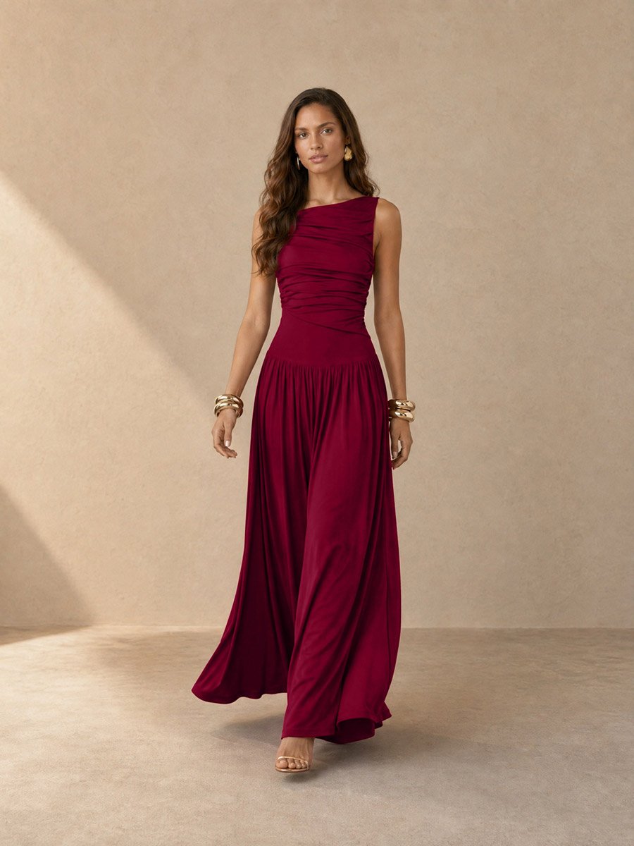 Red Ruched A-Line Maxi Dresss