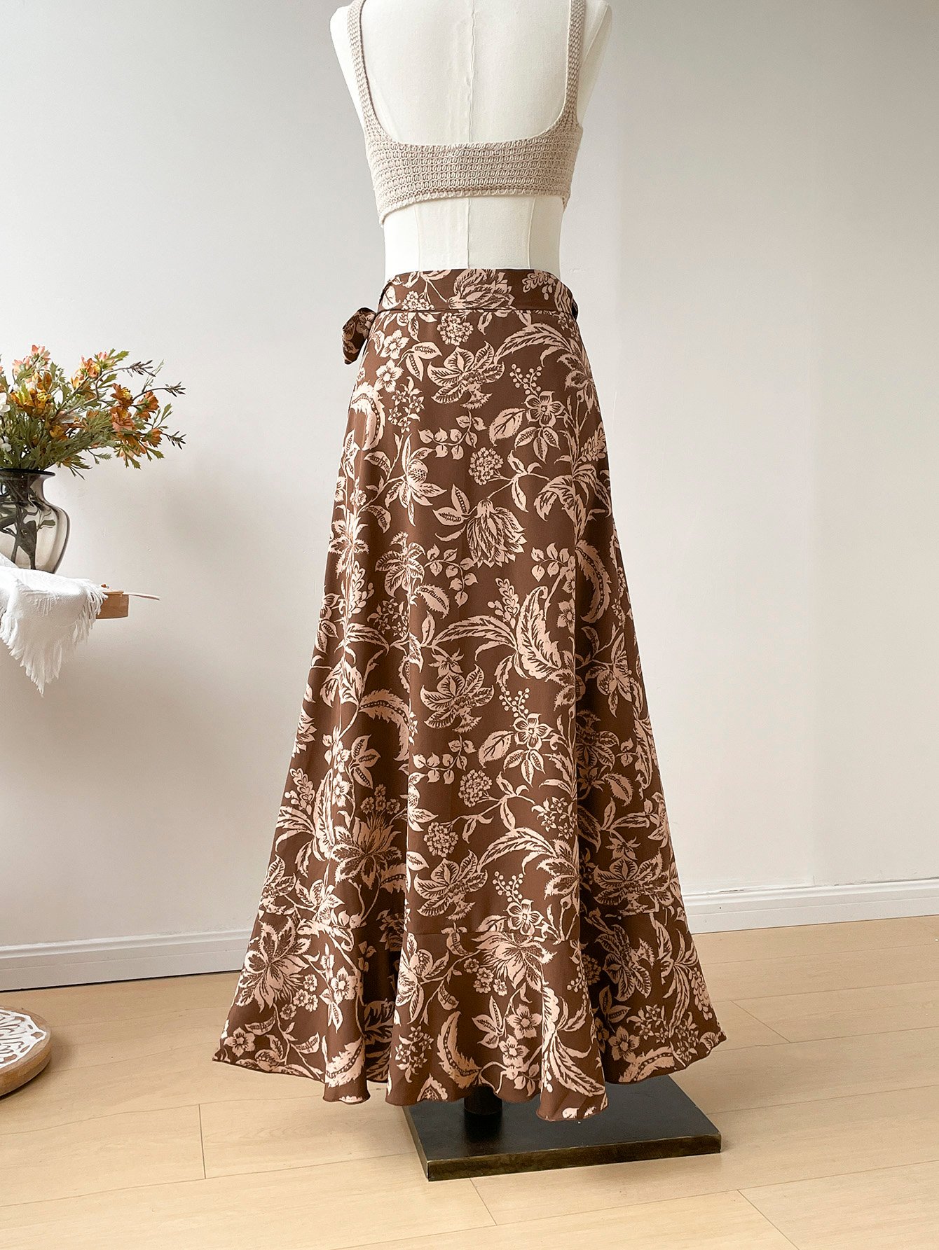 Coffee Brown A-Line Midi Skirt With Floral Print