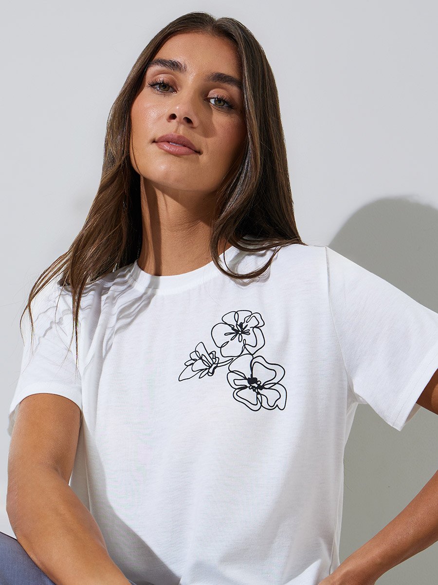 White Floral Print Short Sleeves T-Shirt