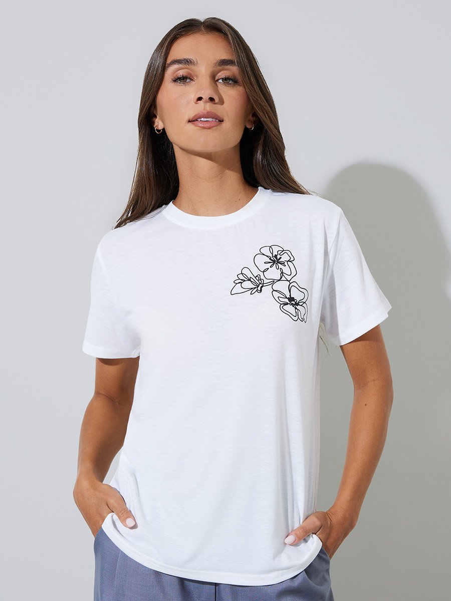 White Floral Print Short Sleeves T-Shirt