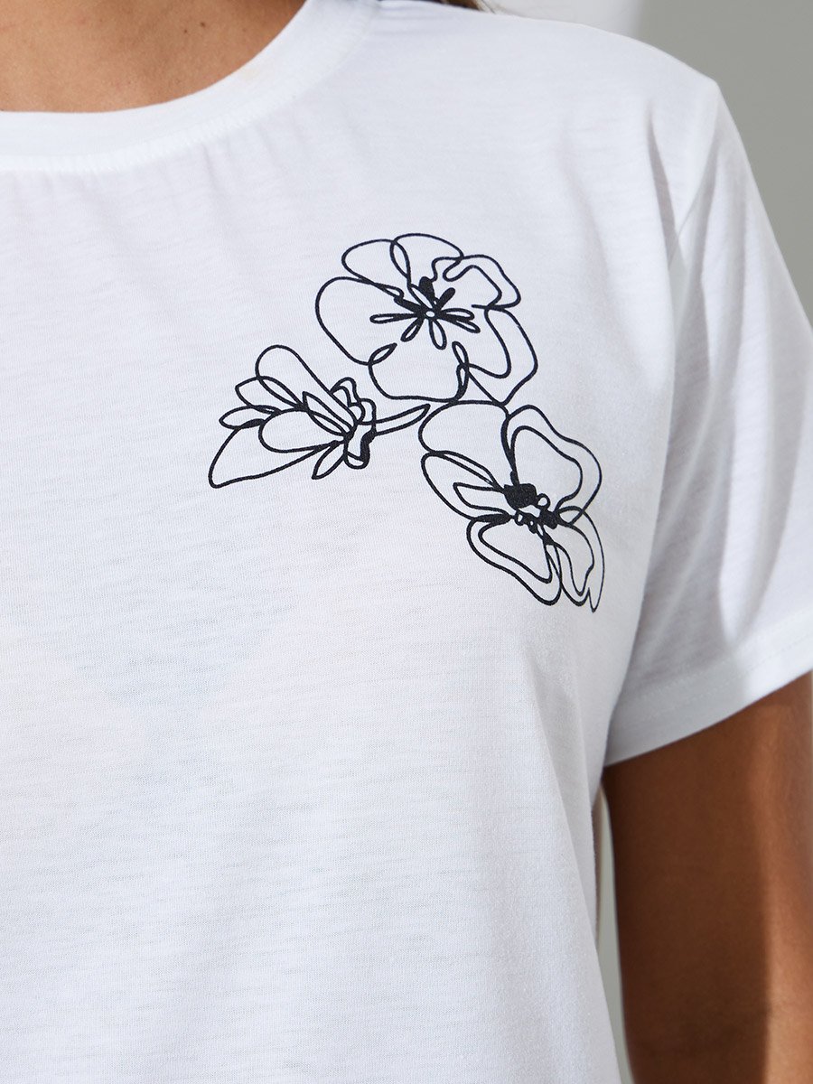 White Floral Print Short Sleeves T-Shirt