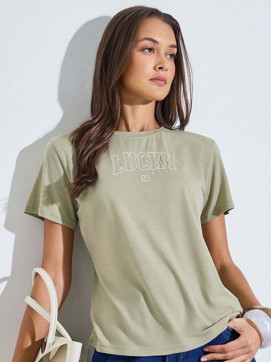 Green Embroidered Short Sleeves Regular Fit T-Shirt