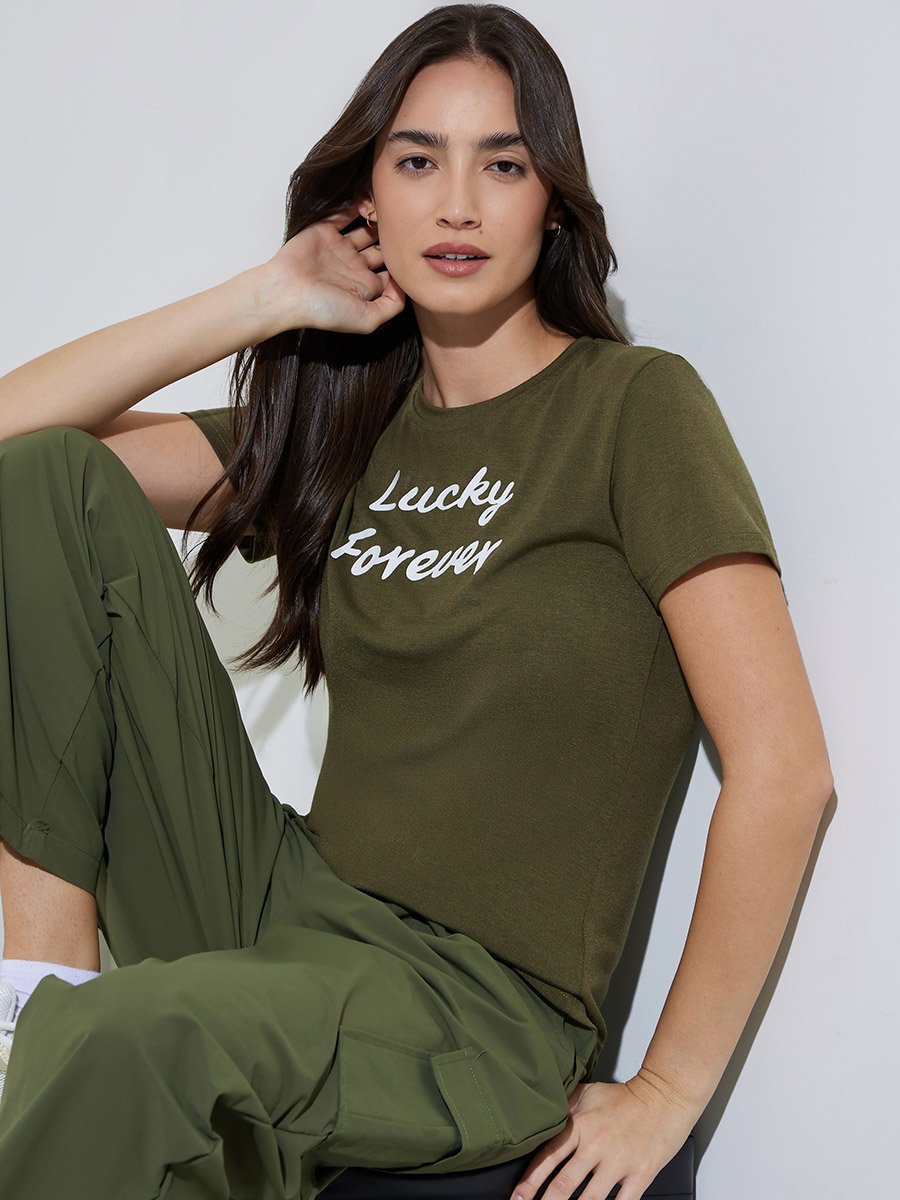Olive Slogan Print Regular Fit T-shirt
