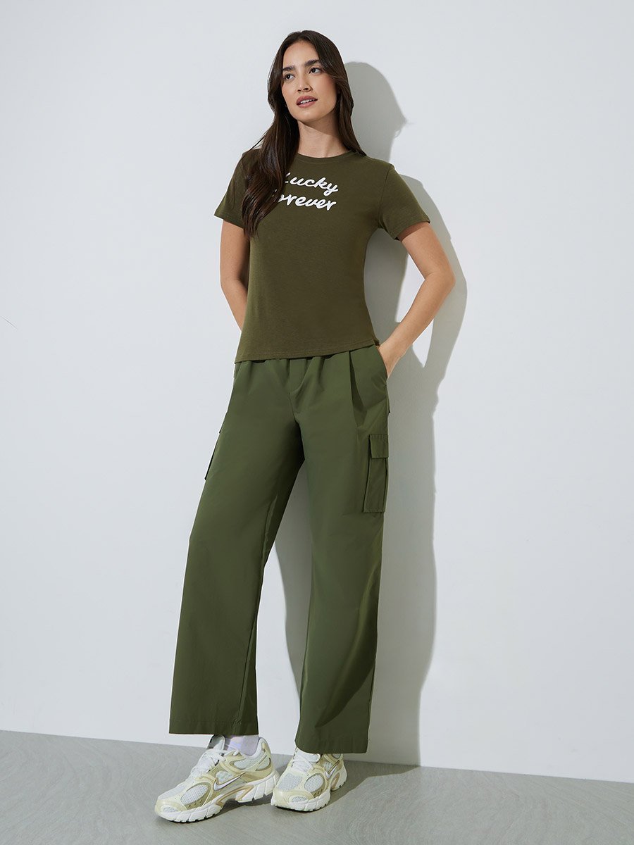 Olive Slogan Print Regular Fit T-shirt