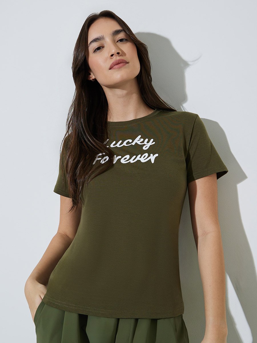 Olive Slogan Print Regular Fit T-shirt