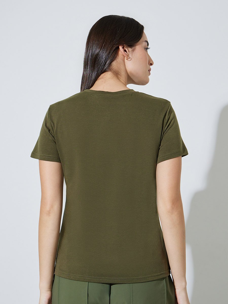 Olive Slogan Print Regular Fit T-shirt