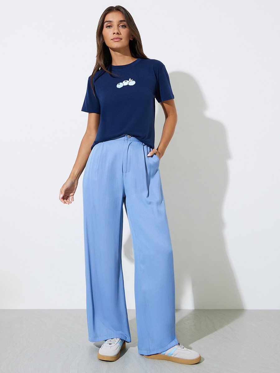 Dark Blue Fruit Graphic Round Neck T-shirt