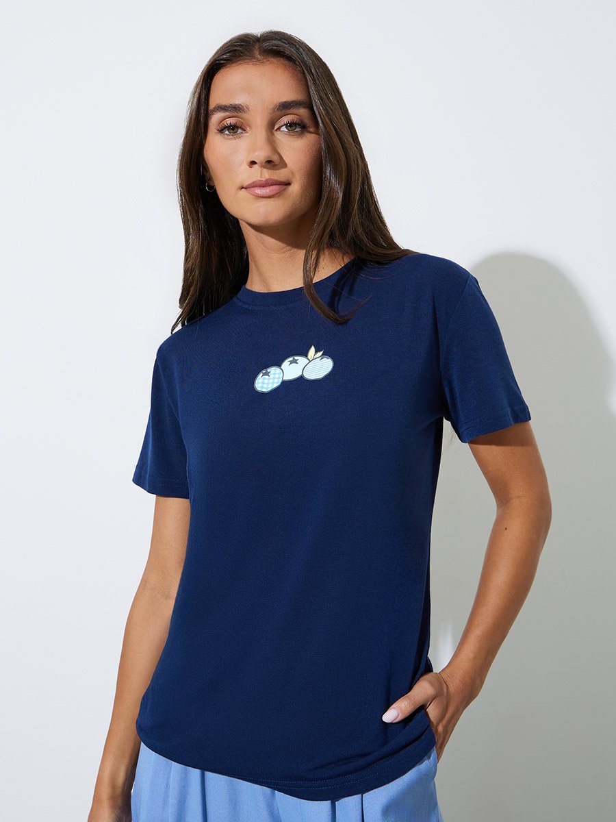 Dark Blue Fruit Graphic Round Neck T-shirt