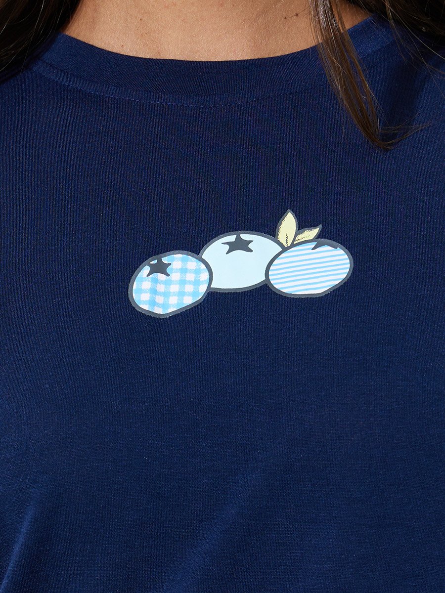 Dark Blue Fruit Graphic Round Neck T-shirt