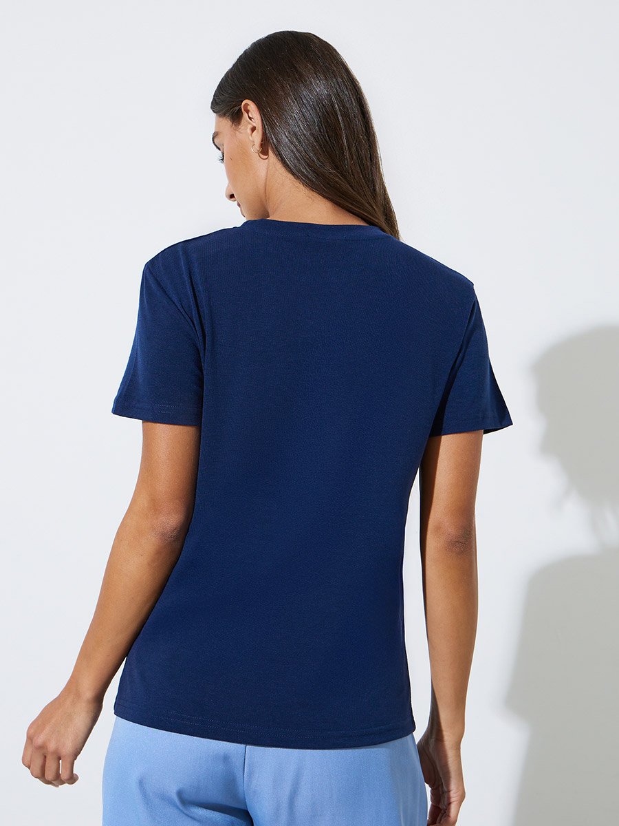 Dark Blue Fruit Graphic Round Neck T-shirt
