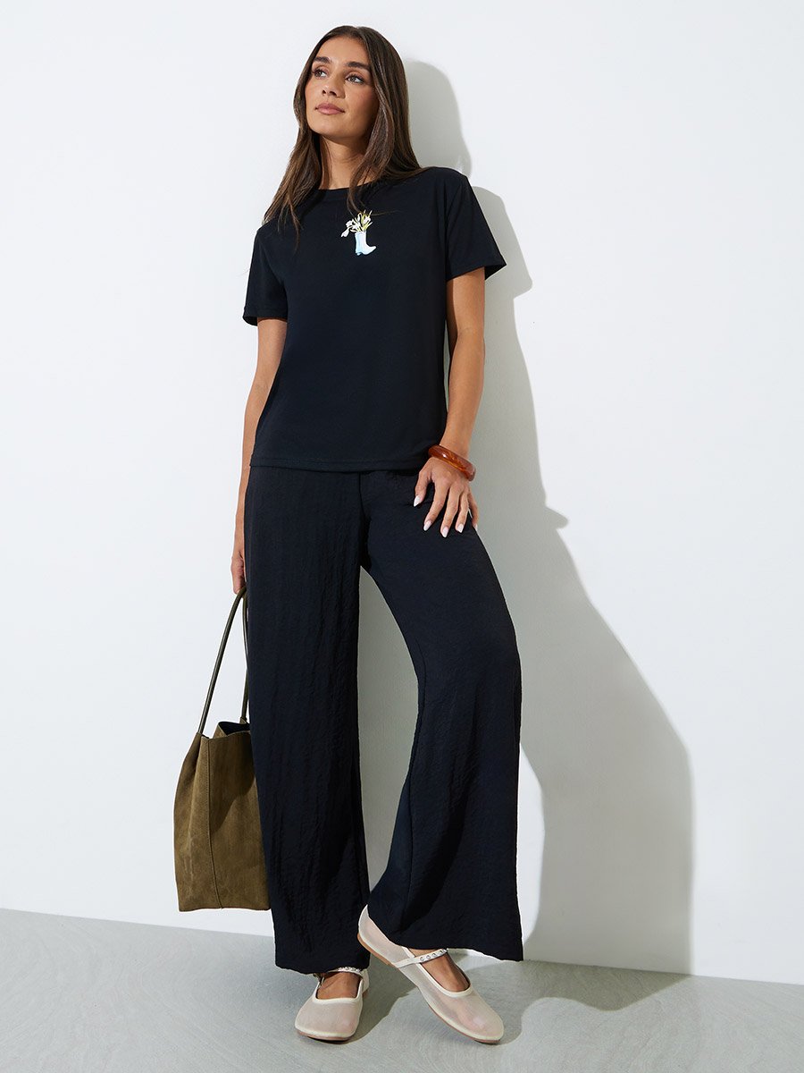 Black Graphic Print Short Sleeves T-Shirt