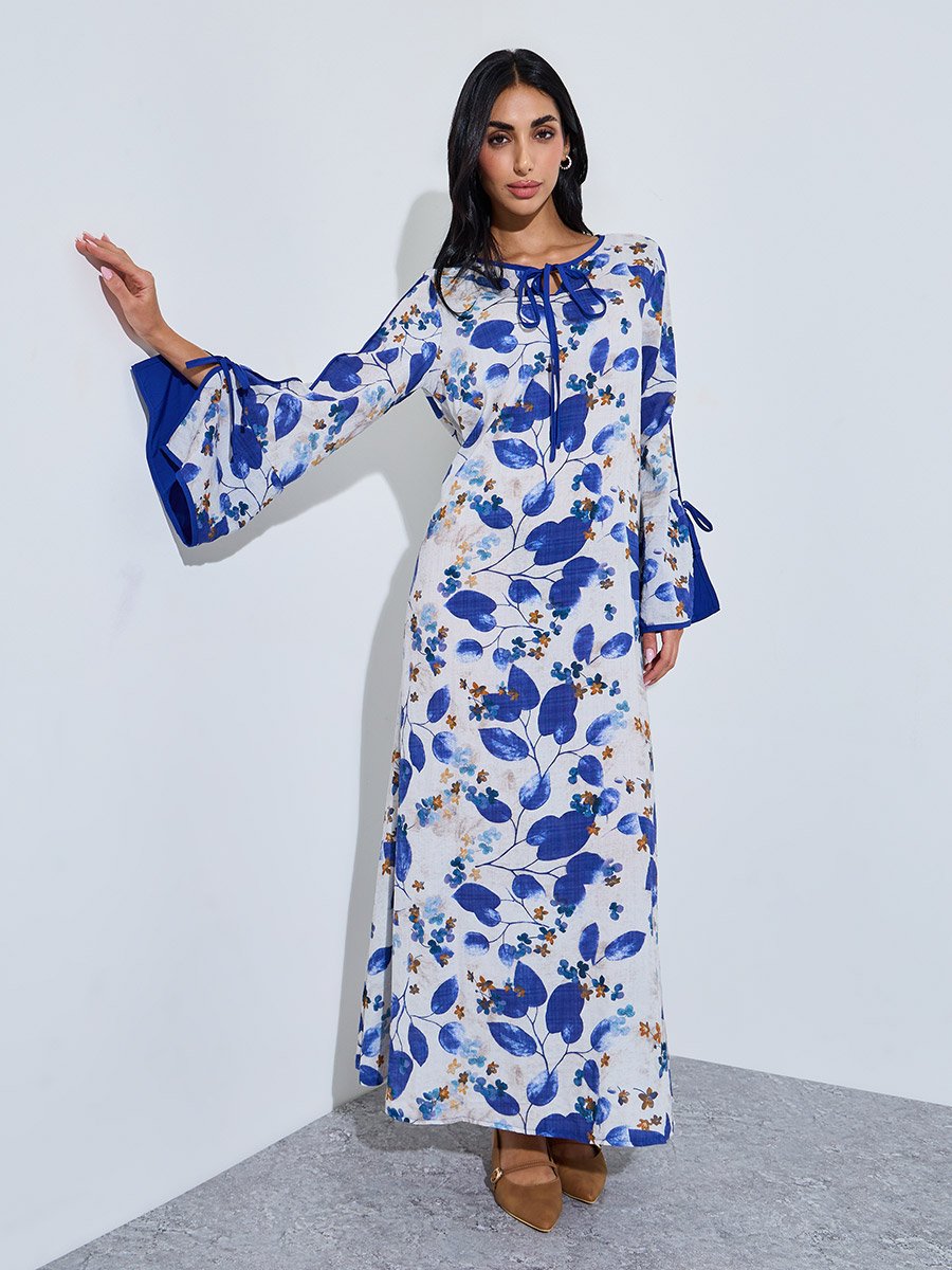 Blue Leaf Print Jalabiya with Tie-Up Neck