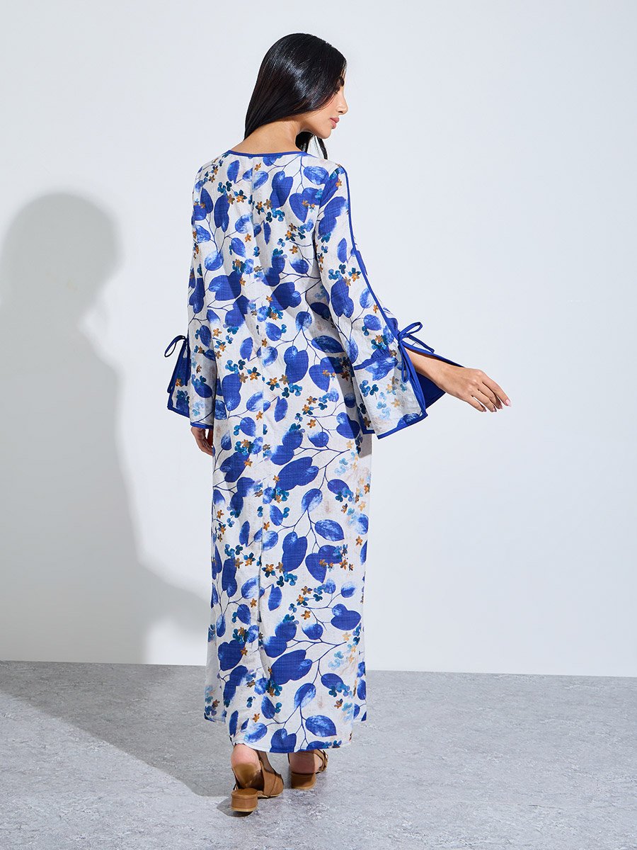 Blue Leaf Print Jalabiya with Tie-Up Neck