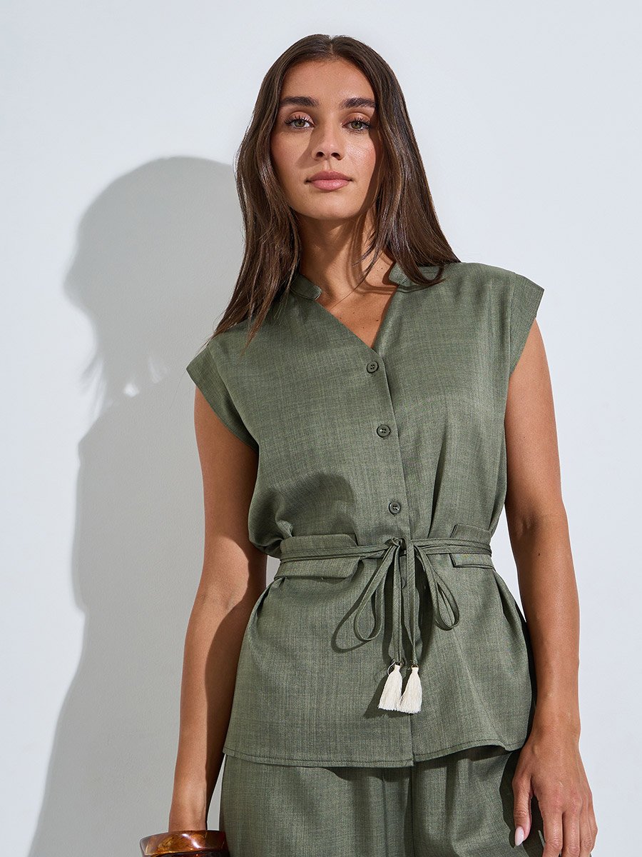 Green V Neck Solid Top with Belt and Wide Leg Pants Co-Ords