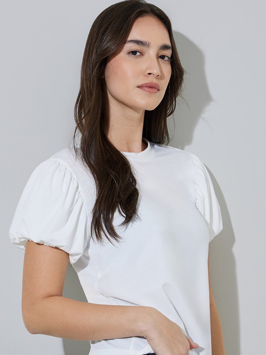 White Solid Puff Sleeve Regular Fit T-shirt