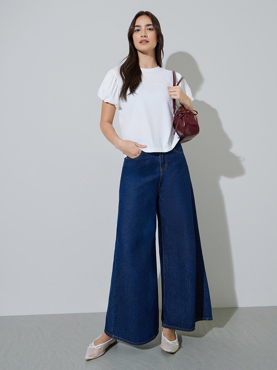 White Solid Puff Sleeve Regular Fit T-shirt
