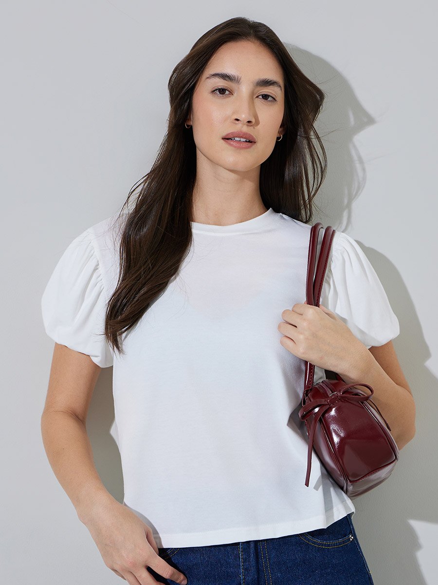 White Solid Puff Sleeve Regular Fit T-shirt