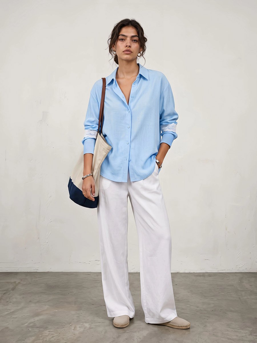 Blue Relaxed Fit Shirt with Lace Cuffs
