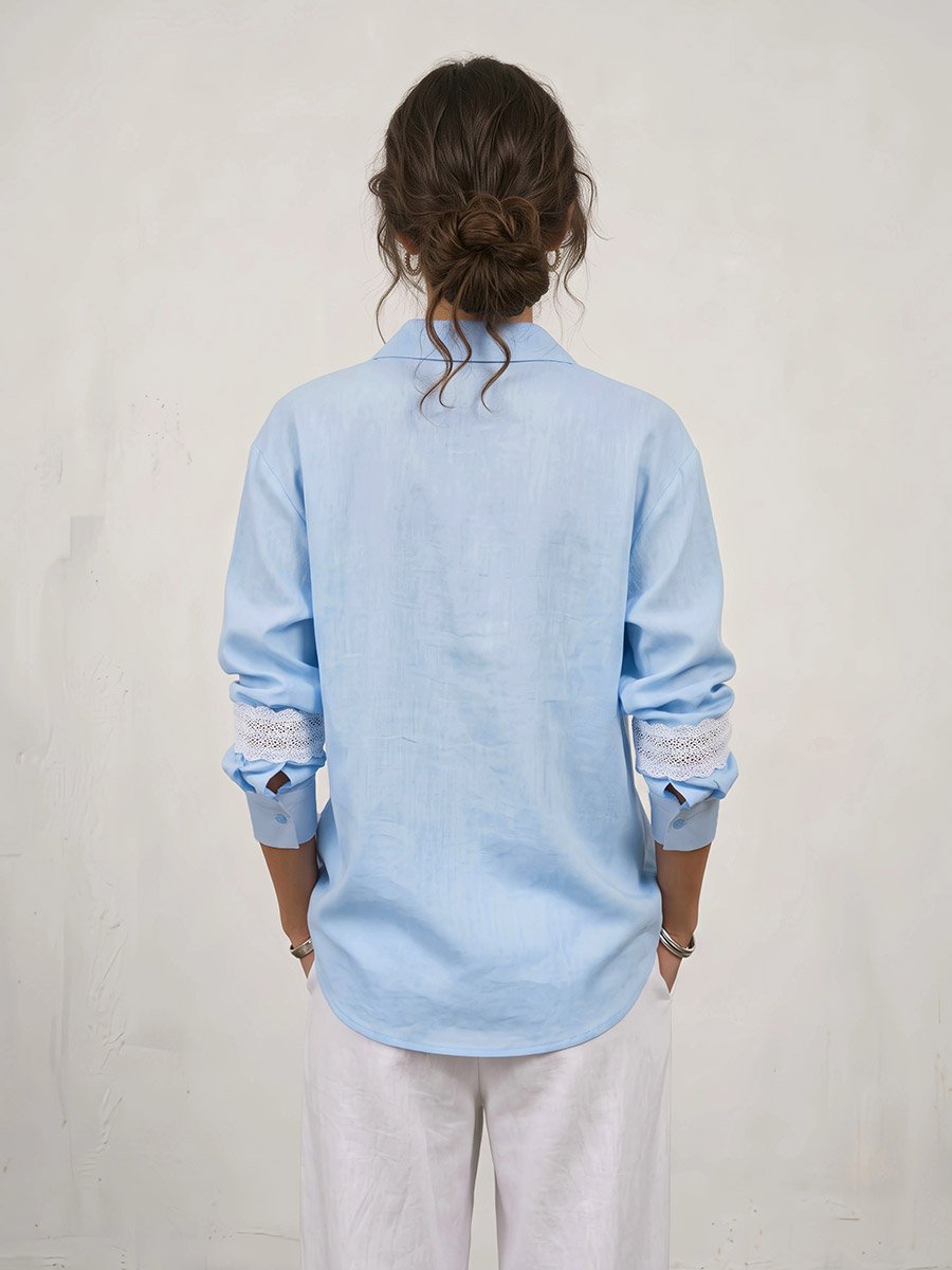 Blue Relaxed Fit Shirt with Lace Cuffs