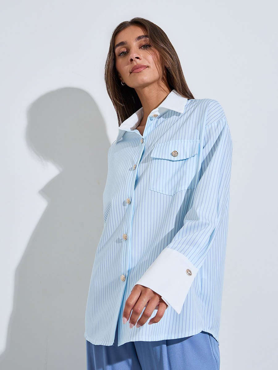 Blue Striped Long Sleeves Shirt with Contrast Trim