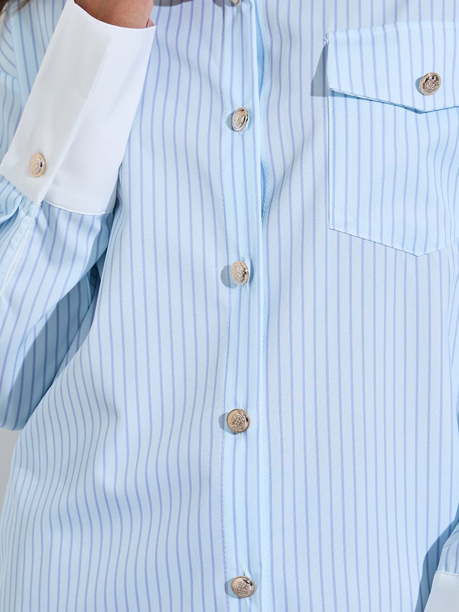 Blue Striped Long Sleeves Shirt with Contrast Trim