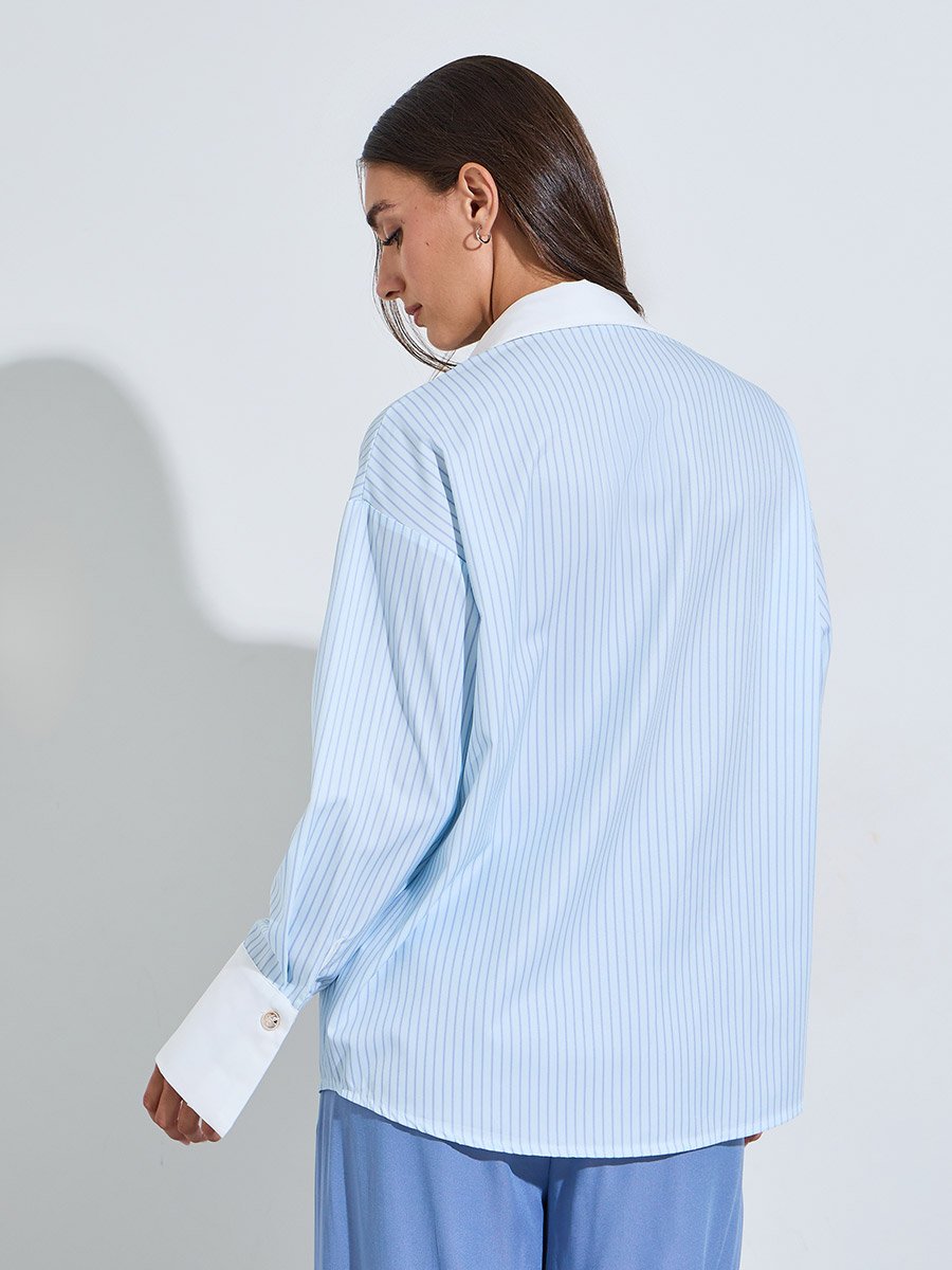 Blue Striped Long Sleeves Shirt with Contrast Trim