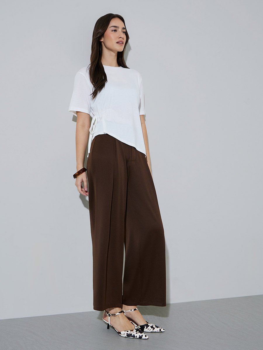 White Solid Side Waist Drawstring Casual Knit Top
