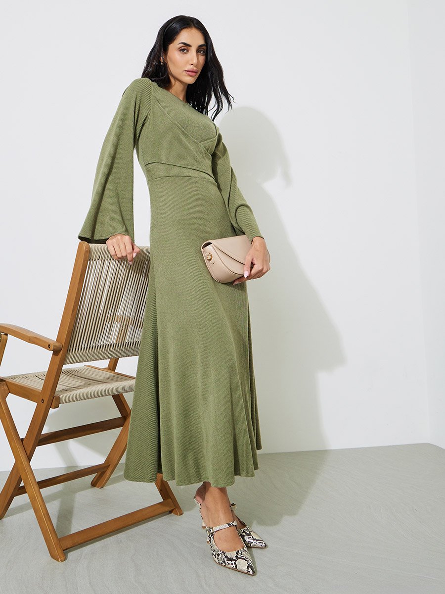 Green Textured Long Sleeves A-Line Maxi Dress