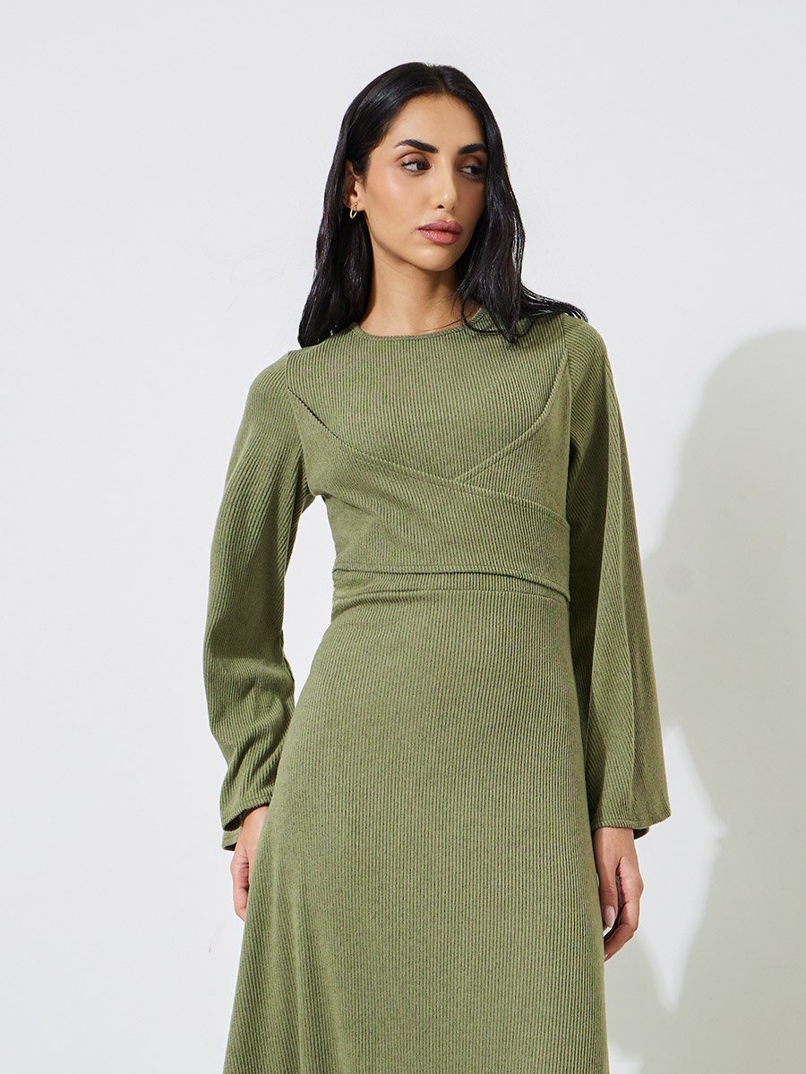 Green Textured Long Sleeves A-Line Maxi Dress