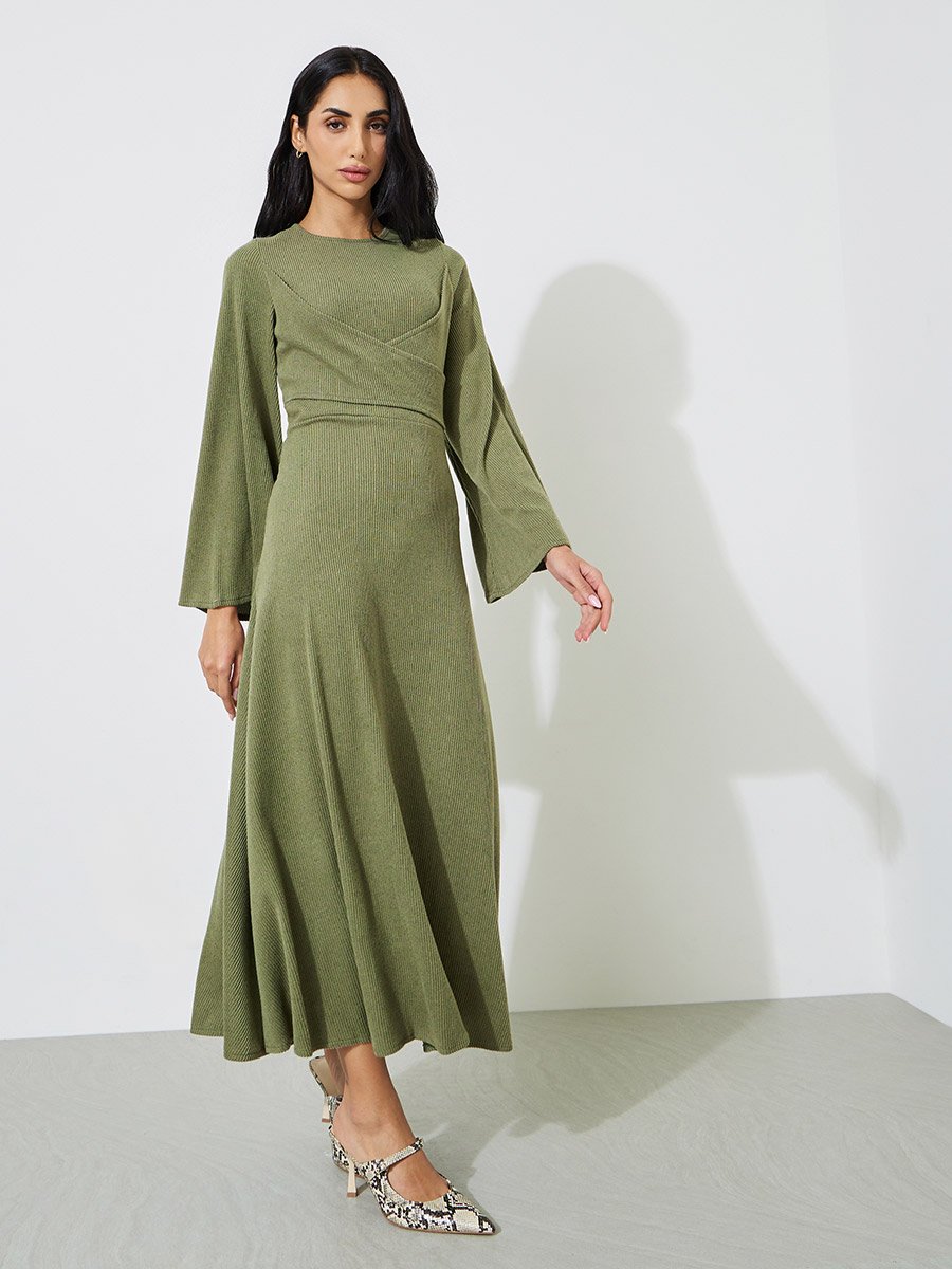 Green Textured Long Sleeves A-Line Maxi Dress